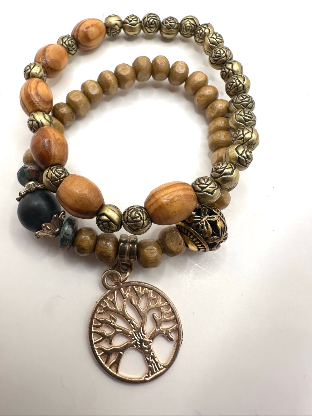 Fashion: Boho Wood and Metal Tree of Life Stretch Bracelet Set in Brown and Gold